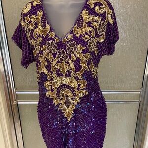 VINTAGE ,80-s PANTAGIS Purple and Gold Embellished Dress,PURE SILK, size M